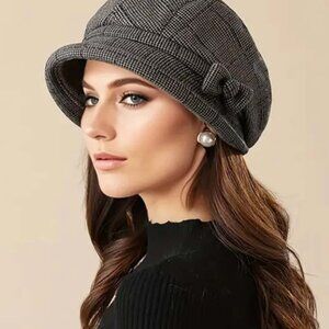 Plaid Beret Bucket Hat Gray